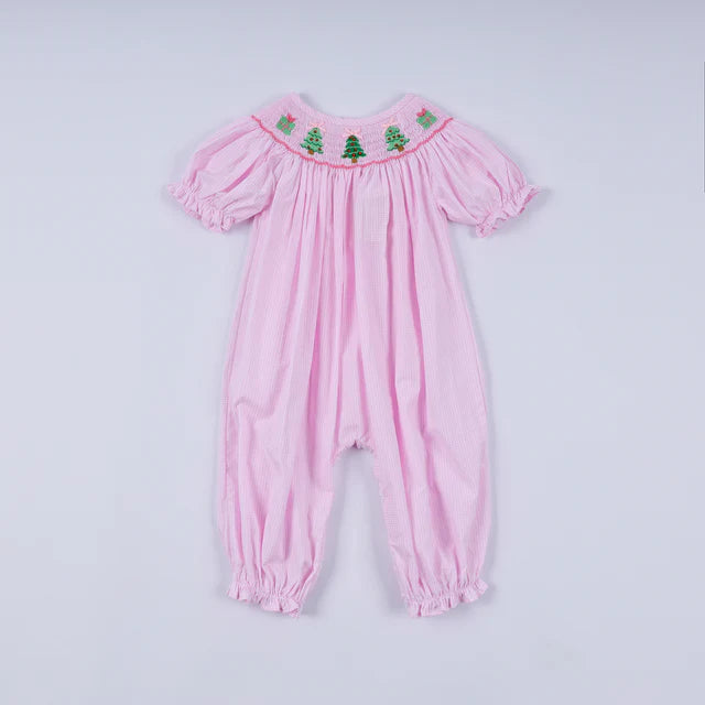 Honey Smocked Pink Christmas Tree Hand Smocked Ruffle Romper HS0051 SpadezStore