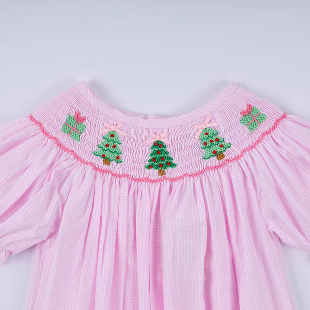 Honey Smocked Pink Christmas Tree Hand Smocked Ruffle Romper HS0051 SpadezStore
