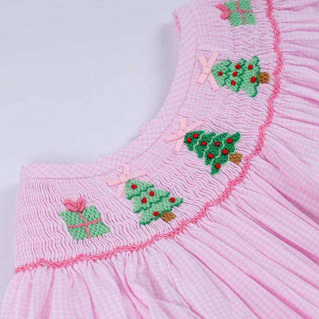 Honey Smocked Pink Christmas Tree Hand Smocked Ruffle Romper HS0051 SpadezStore