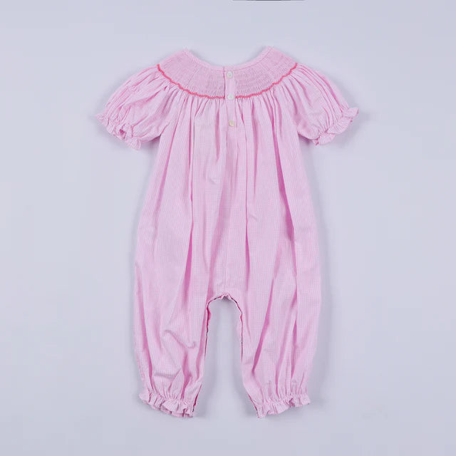 Honey Smocked Pink Christmas Tree Hand Smocked Ruffle Romper HS0051 SpadezStore