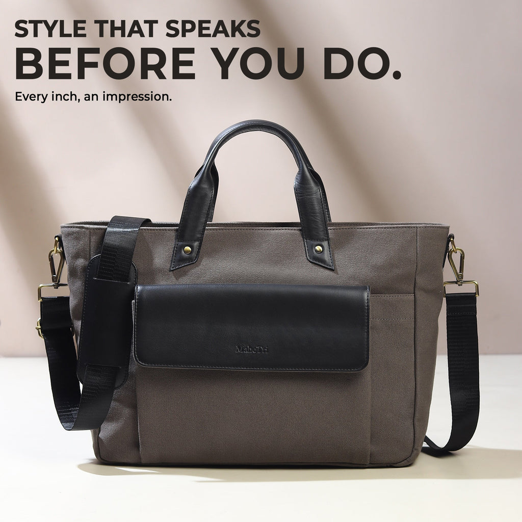 Classy Leather Bags Voyager Canvas Leather Briefcase, Gray