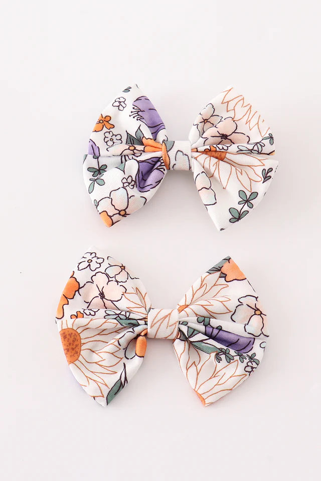 Abby & Evie Coral Floral Print 2pcs Piggie Hair Bow MC404049 SpadezStore