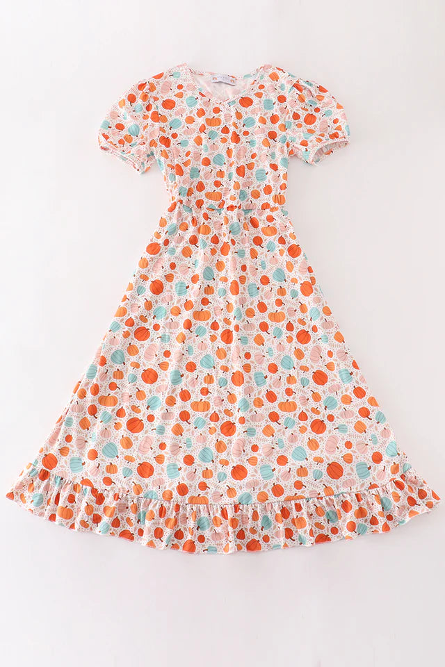 Abby & Evie Orange Pumpkin Print Mom Dress MC404096 SpadezStore