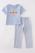 Abby & Evie Blue Woven Check Pumpkin Embroidery Boy Set MC404654