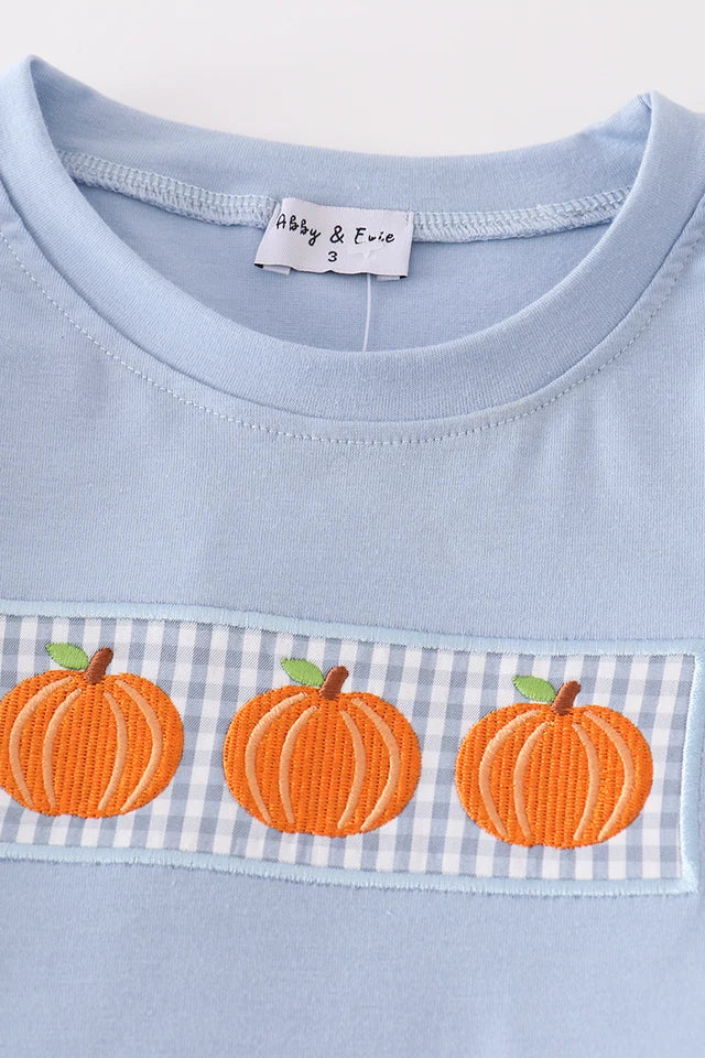 Abby & Evie Blue Woven Check Pumpkin Embroidery Boy Set MC404654