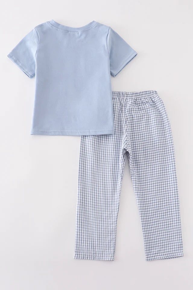 Abby & Evie Blue Woven Check Pumpkin Embroidery Boy Set MC404654