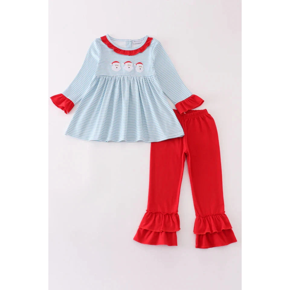 Abby & Evie Blue Stripe Christmas Santa Embroidery Girl Set MC405317 SpadezStore