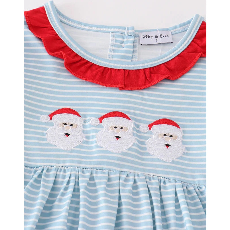 Abby & Evie Blue Stripe Christmas Santa Embroidery Girl Set MC405317 SpadezStore