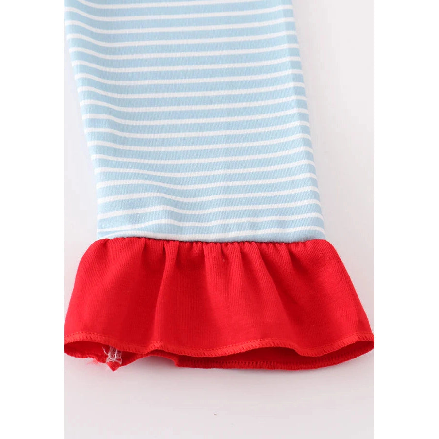 Abby & Evie Blue Stripe Christmas Santa Embroidery Girl Set MC405317 SpadezStore