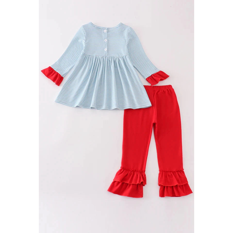 Abby & Evie Blue Stripe Christmas Santa Embroidery Girl Set MC405317 SpadezStore