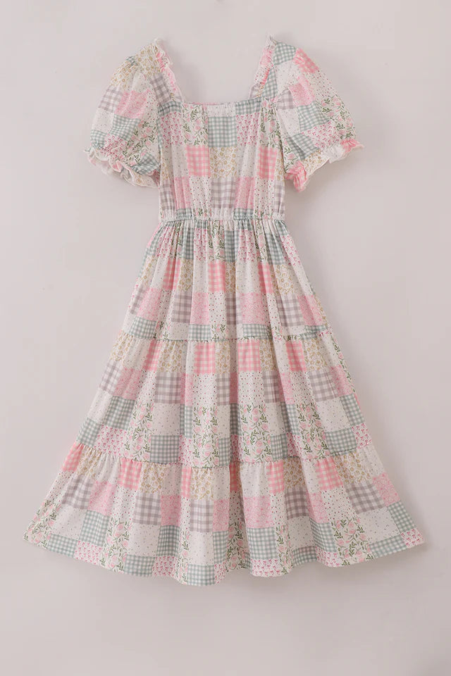 Abby & Evie Pastel Patchwork Garden Print Tiered Mom Dress MC503117 SpadezStore
