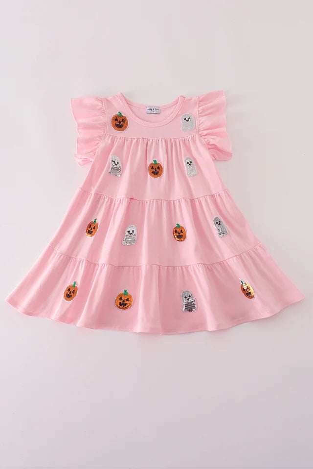 Abby & Evie Pink Ghost Pumpkin Sequin Ruffle Dress MC503201