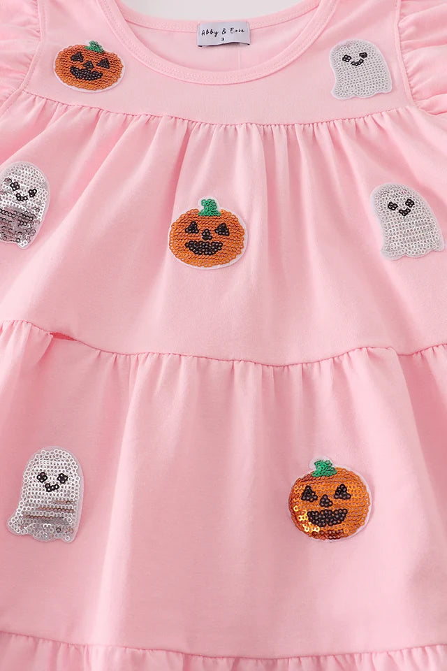 Abby & Evie Pink Ghost Pumpkin Sequin Ruffle Dress MC503201