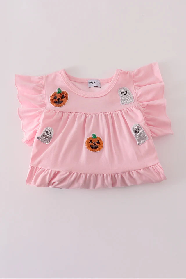 Abby & Evie Pink Ghost Pumpkin Sequin Ruffle Dress MC503201