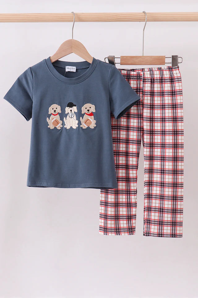 Abby & Evie Navy Puppy Football Applique Pants Set MC509122 SpadezStore