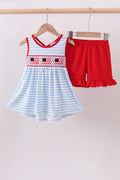 Abby & Evie Red Flag Smocked Stripe Ruffle Shorts Set MC511575