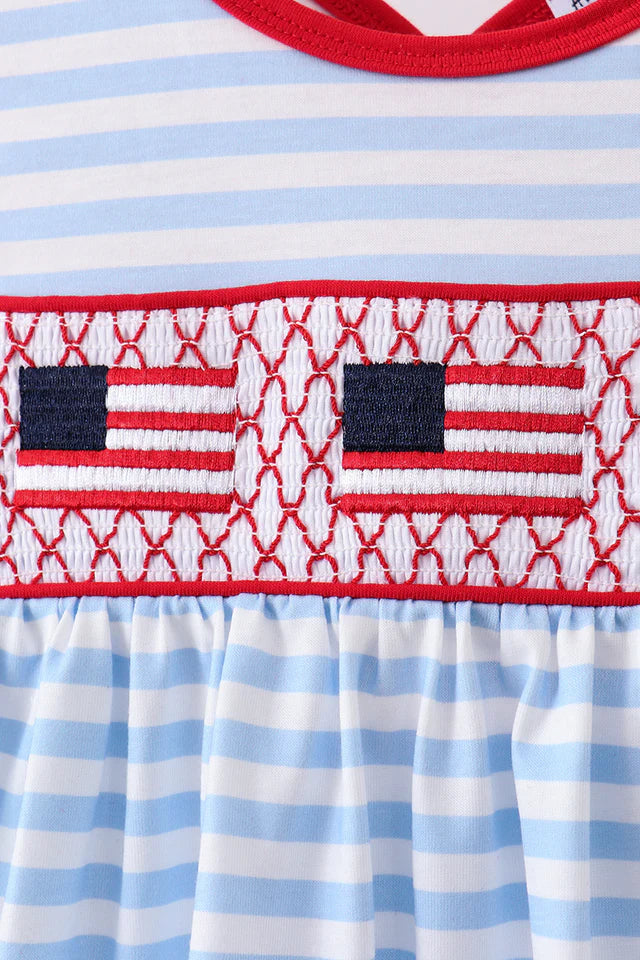 Abby & Evie Red Flag Smocked Stripe Ruffle Shorts Set MC511575