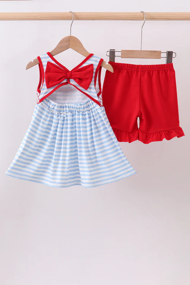 Abby & Evie Red Flag Smocked Stripe Ruffle Shorts Set MC511575