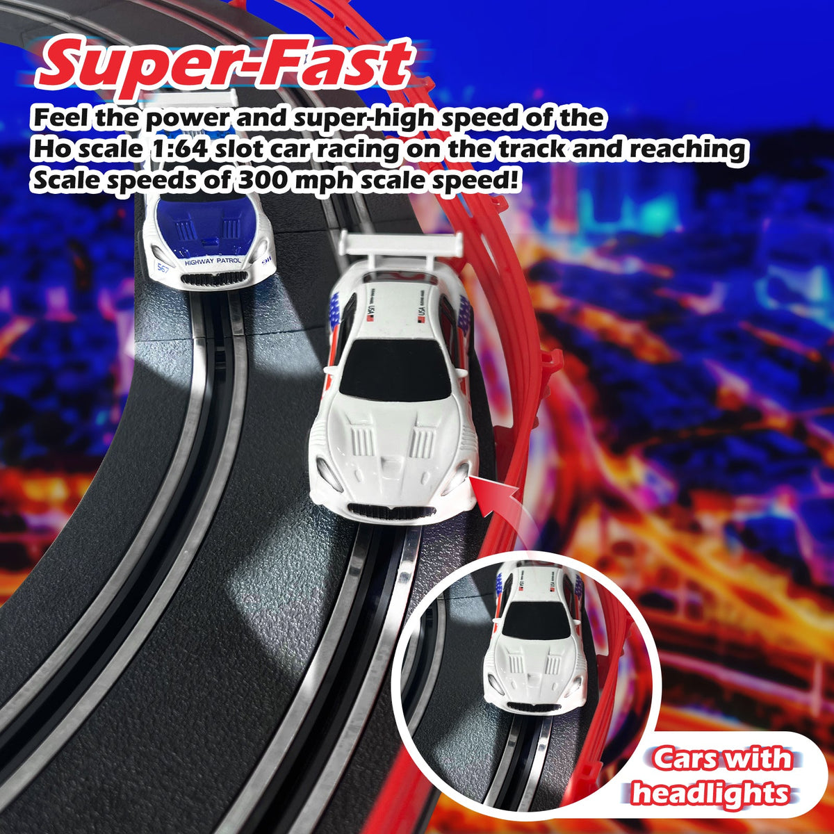 AGM MASTECH MR-02 Slot Car Racing Set – Deluxe Electric Race Track with 4 Cars & Dual Controllers