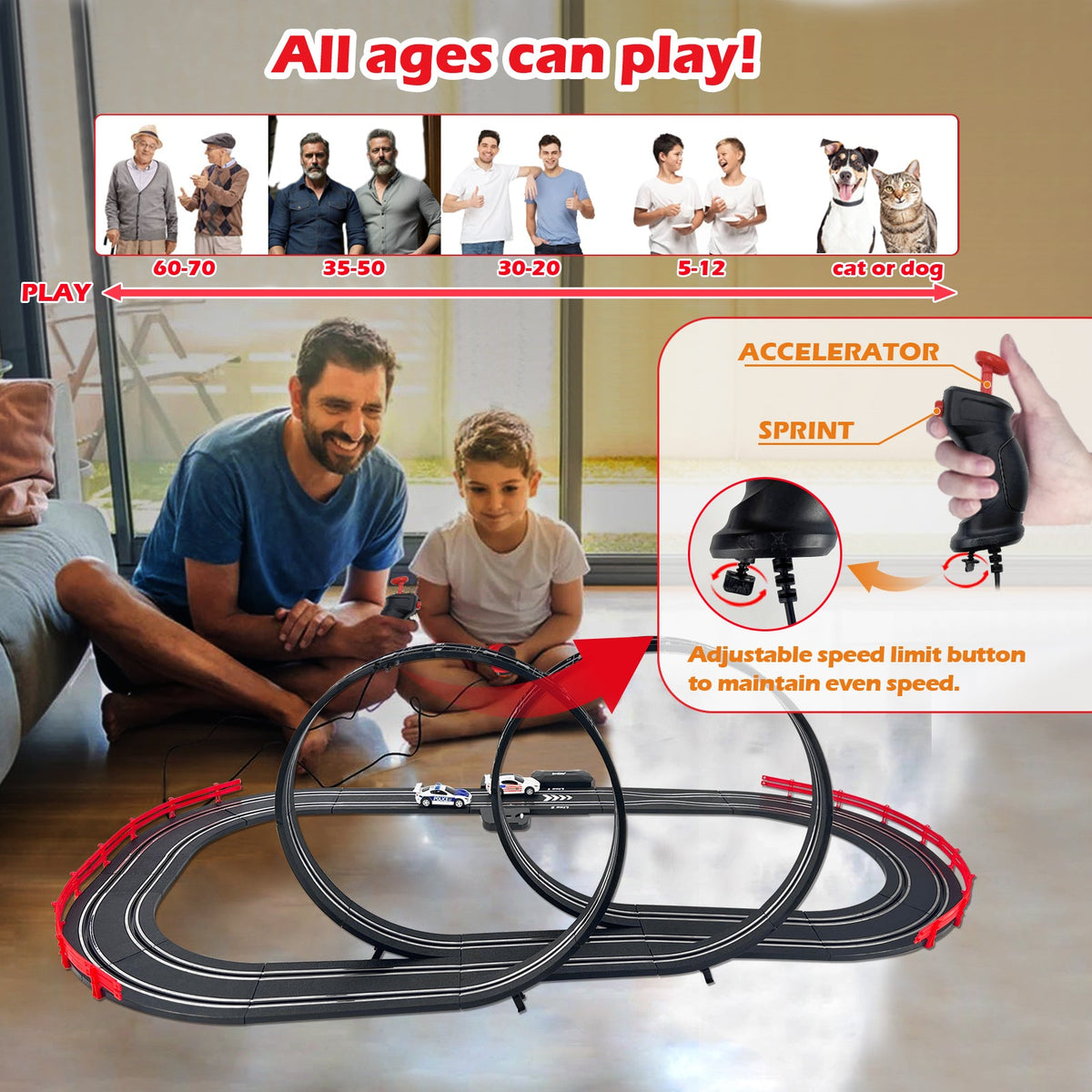 AGM MASTECH MR-02 Slot Car Racing Set – Deluxe Electric Race Track with 4 Cars & Dual Controllers