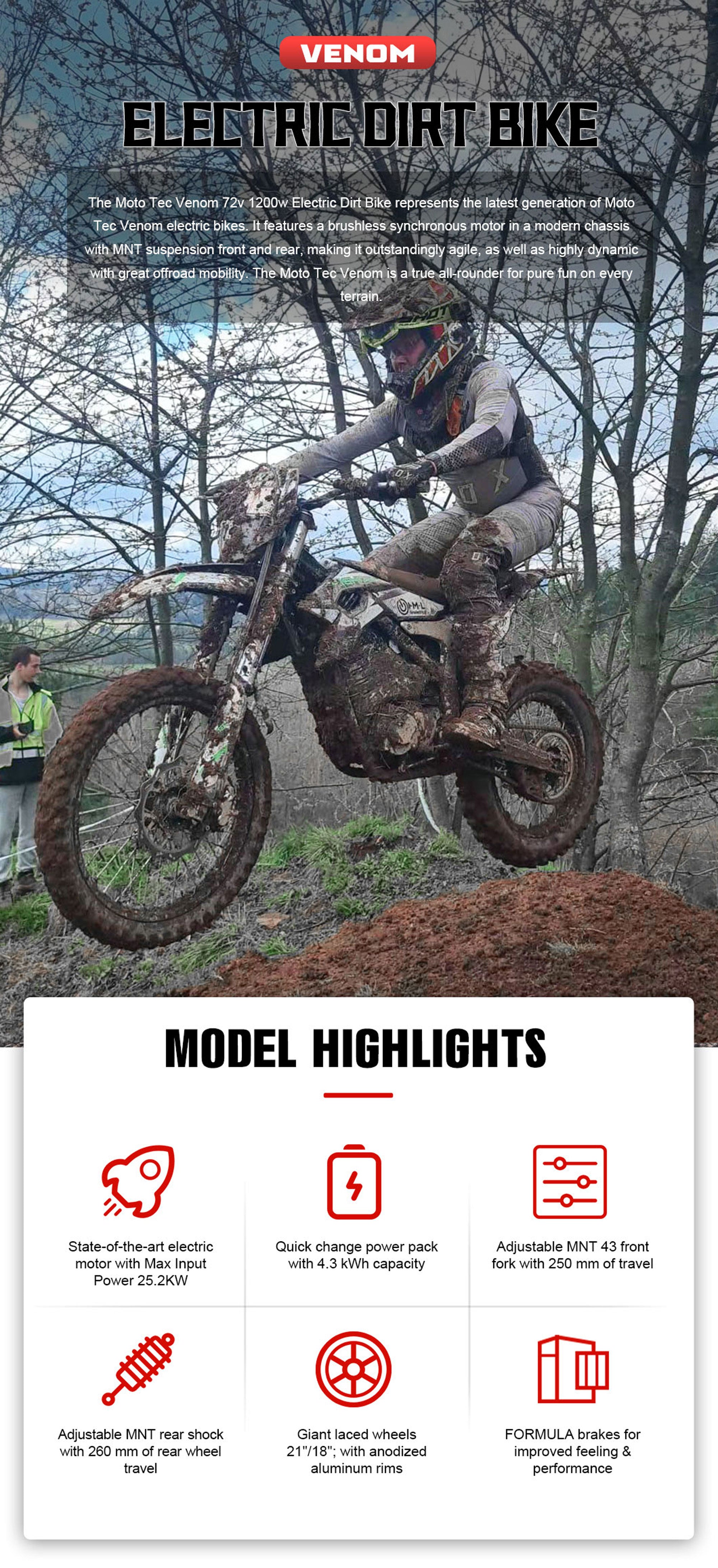 MotoTec Venom 72v 12000w Electric Dirt Bike Black SpadezStore