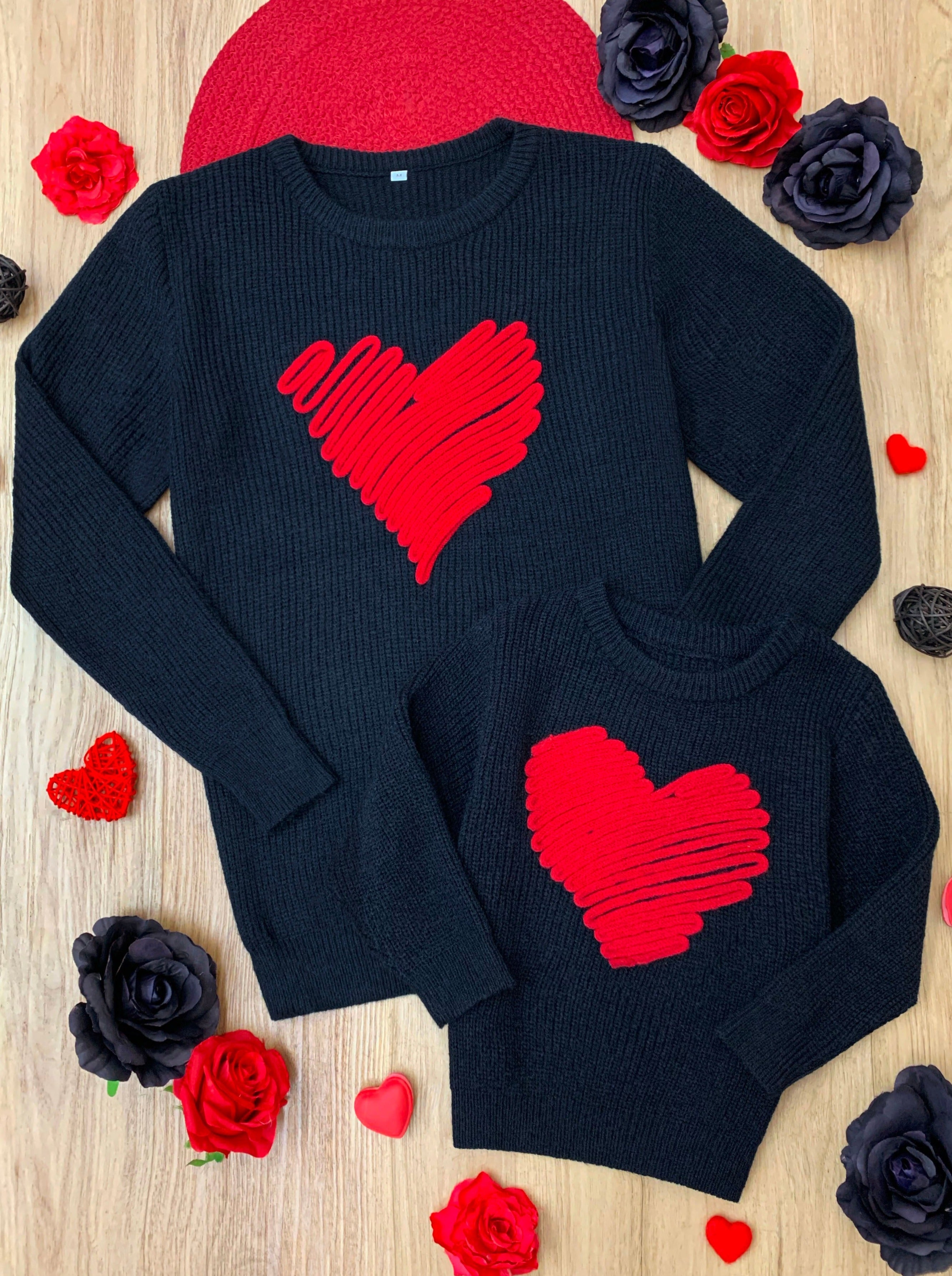 Mia Belle Girls Mommy and Me Love Note Embroidered Red Heart Sweater SpadezStore