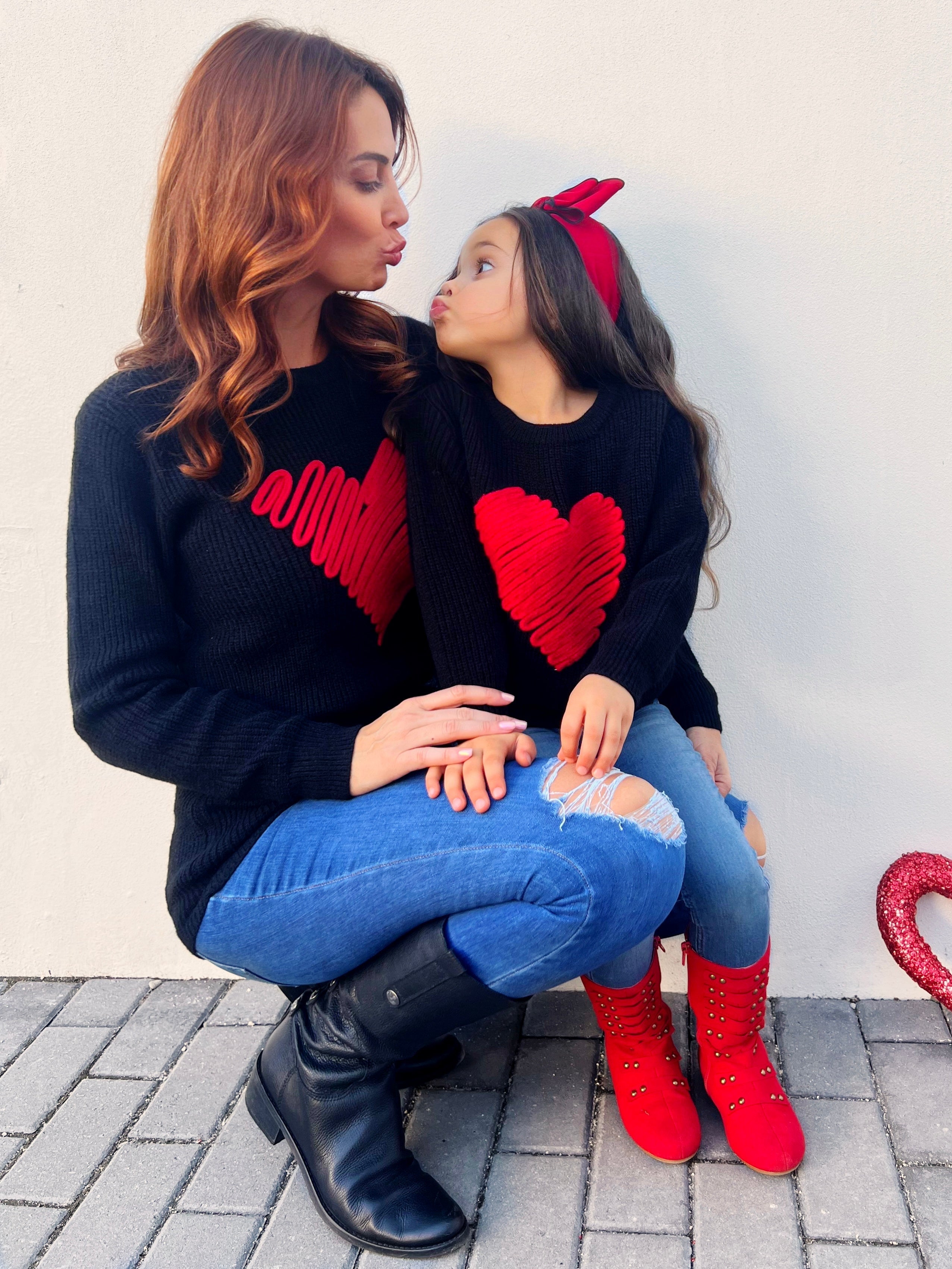 Mia Belle Girls Mommy and Me Love Note Embroidered Red Heart Sweater SpadezStore