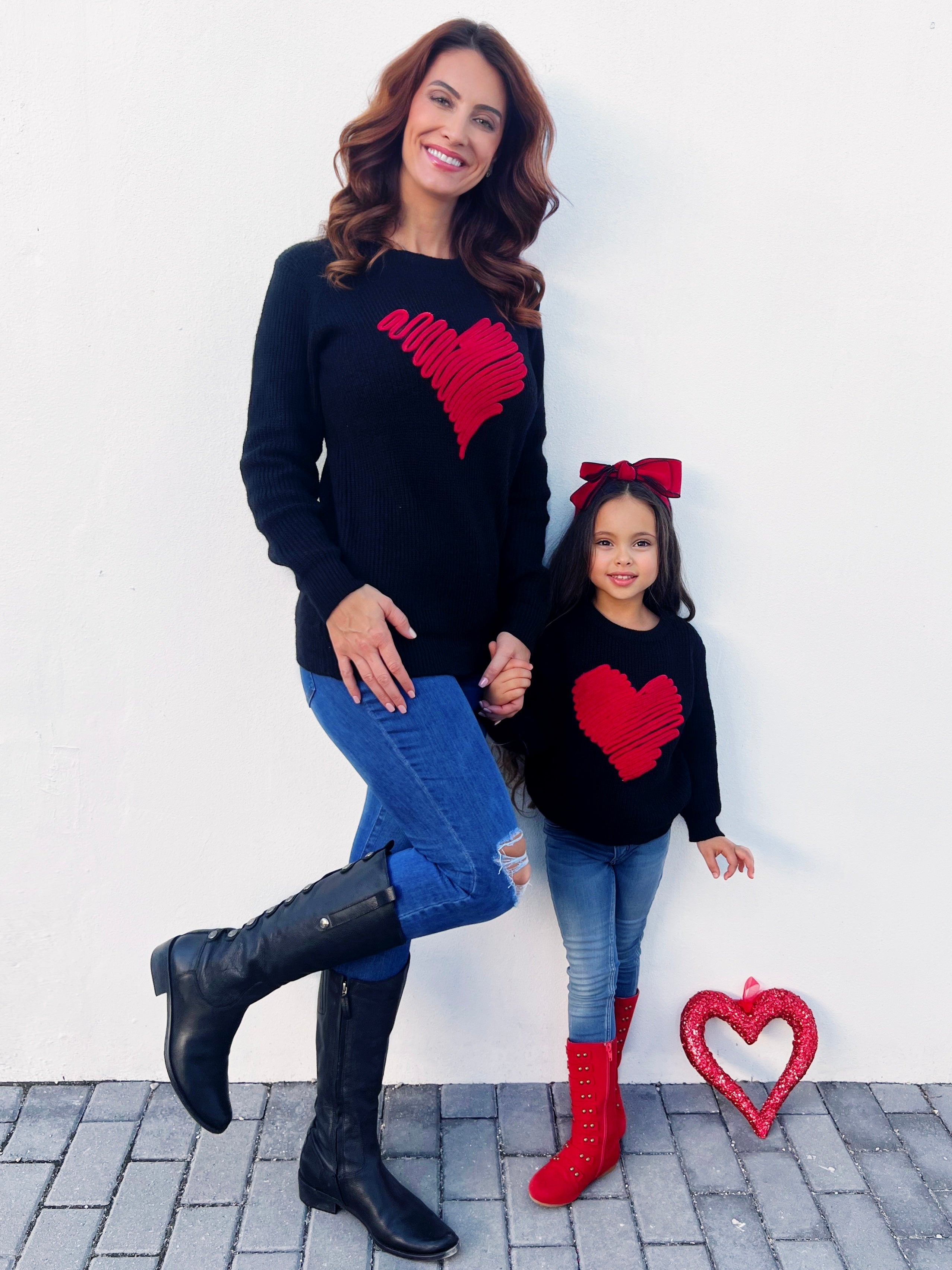 Mia Belle Girls Mommy and Me Love Note Embroidered Red Heart Sweater SpadezStore