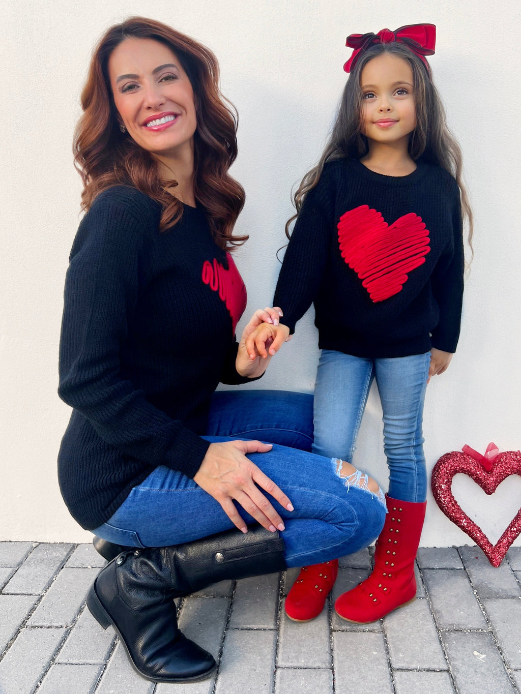 Mia Belle Girls Mommy and Me Love Note Embroidered Red Heart Sweater SpadezStore