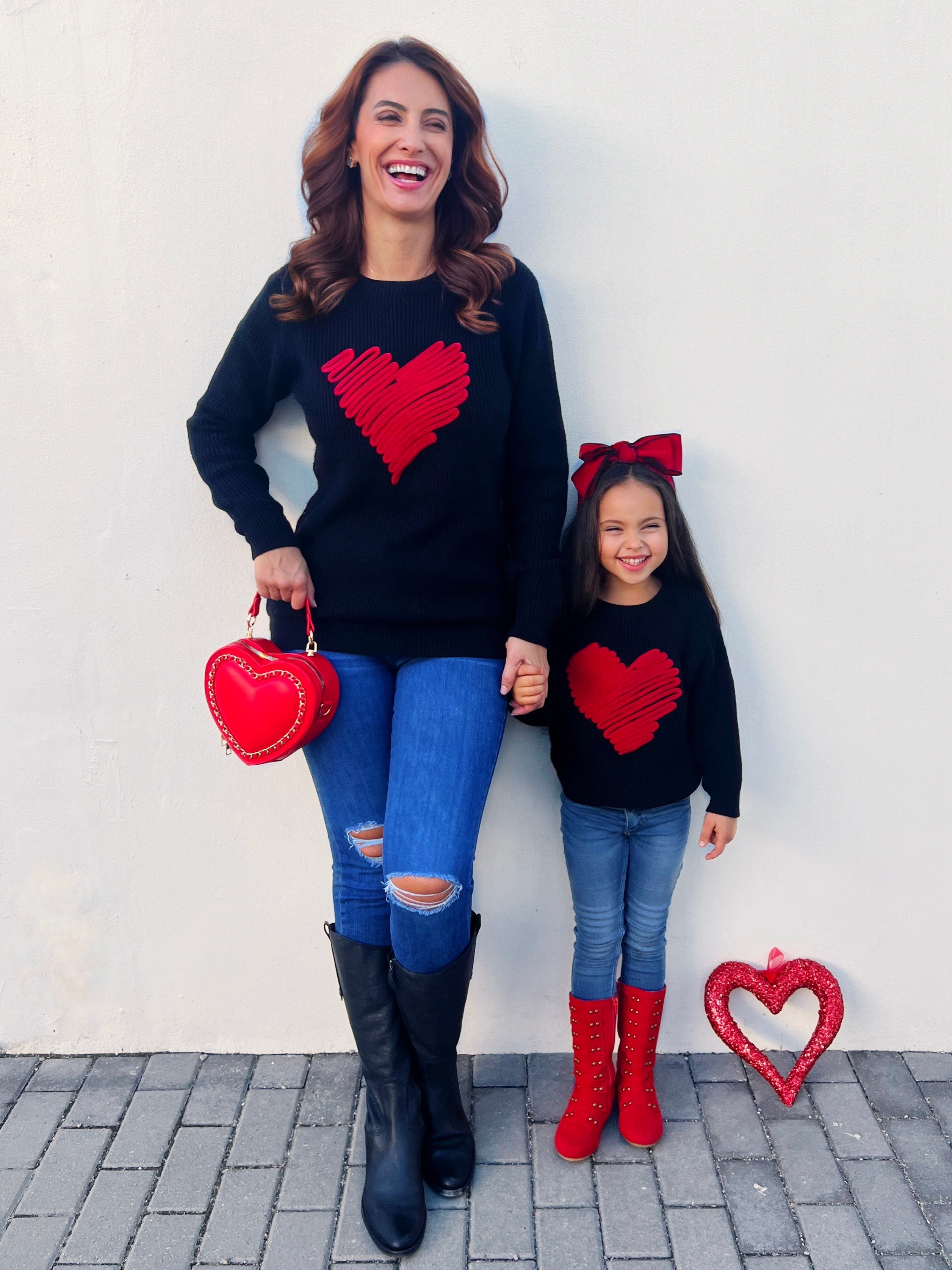 Mia Belle Girls Mommy and Me Love Note Embroidered Red Heart Sweater SpadezStore