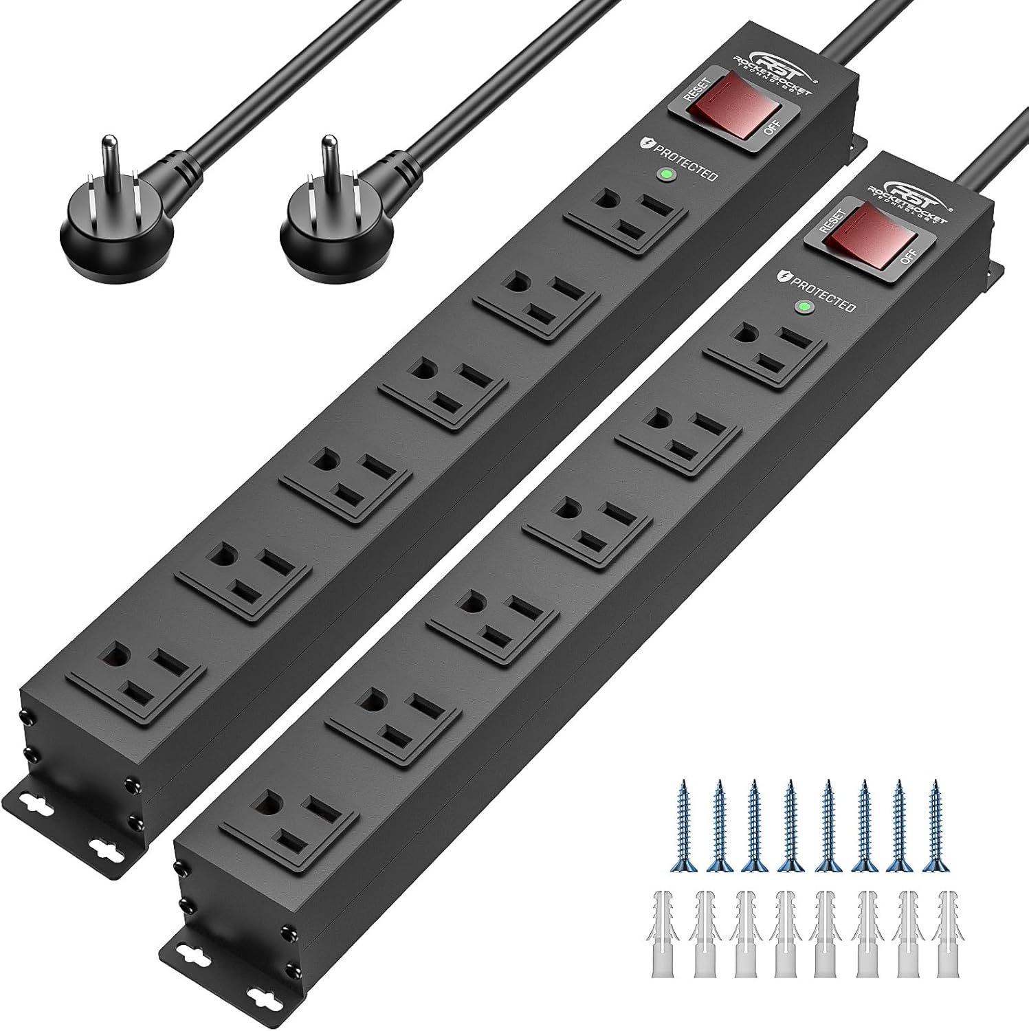 Rocket Socket Technology CRST 2PK Wider Spaced 6 Outlet Metal Surge Protector Power Strip 2100J 15A 1875W Heavy Duty Mountable Power Bar 6FT Flat Plug Extension Cord SpadezStore