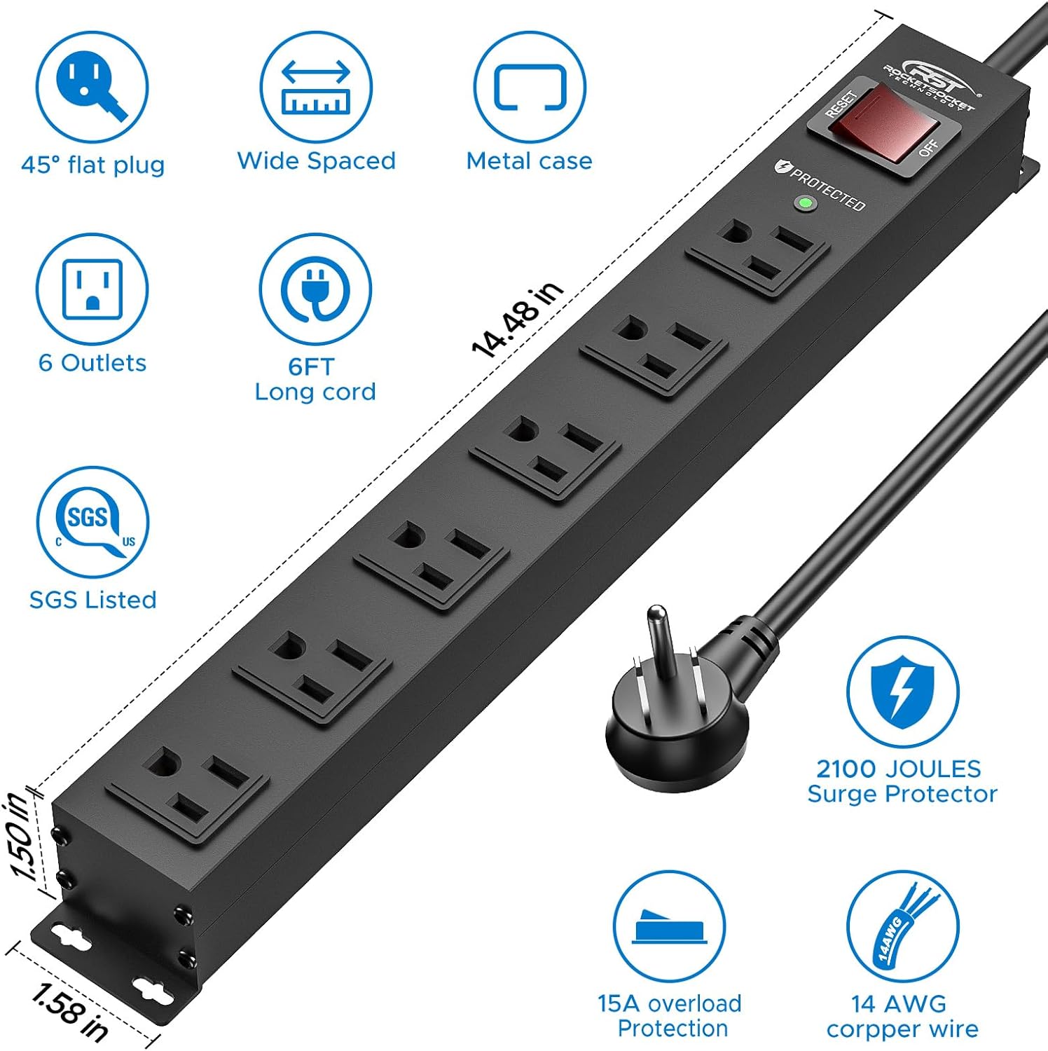 Rocket Socket Technology CRST 2PK Wider Spaced 6 Outlet Metal Surge Protector Power Strip 2100J 15A 1875W Heavy Duty Mountable Power Bar 6FT Flat Plug Extension Cord SpadezStore