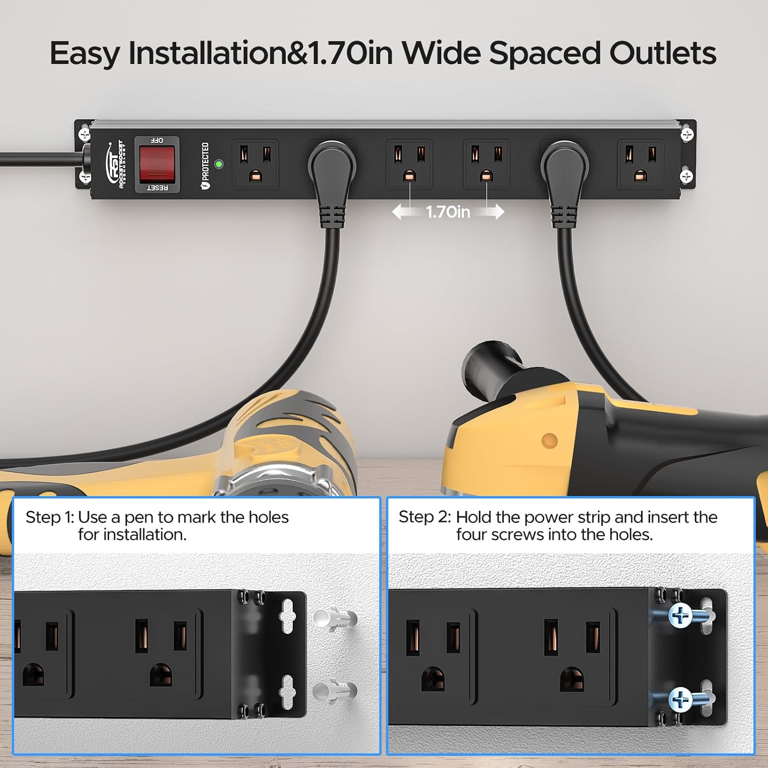 Rocket Socket Technology CRST 2PK Wider Spaced 6 Outlet Metal Surge Protector Power Strip 2100J 15A 1875W Heavy Duty Mountable Power Bar 6FT Flat Plug Extension Cord SpadezStore