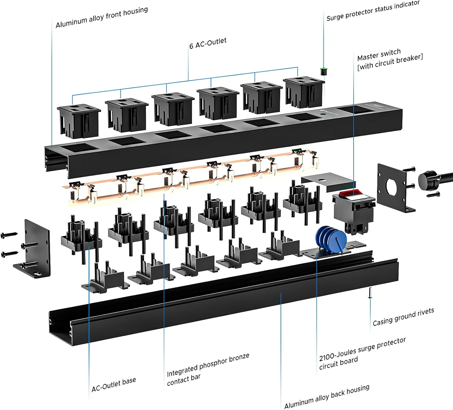 Rocket Socket Technology CRST 2PK Wider Spaced 6 Outlet Metal Surge Protector Power Strip 2100J 15A 1875W Heavy Duty Mountable Power Bar 6FT Flat Plug Extension Cord SpadezStore