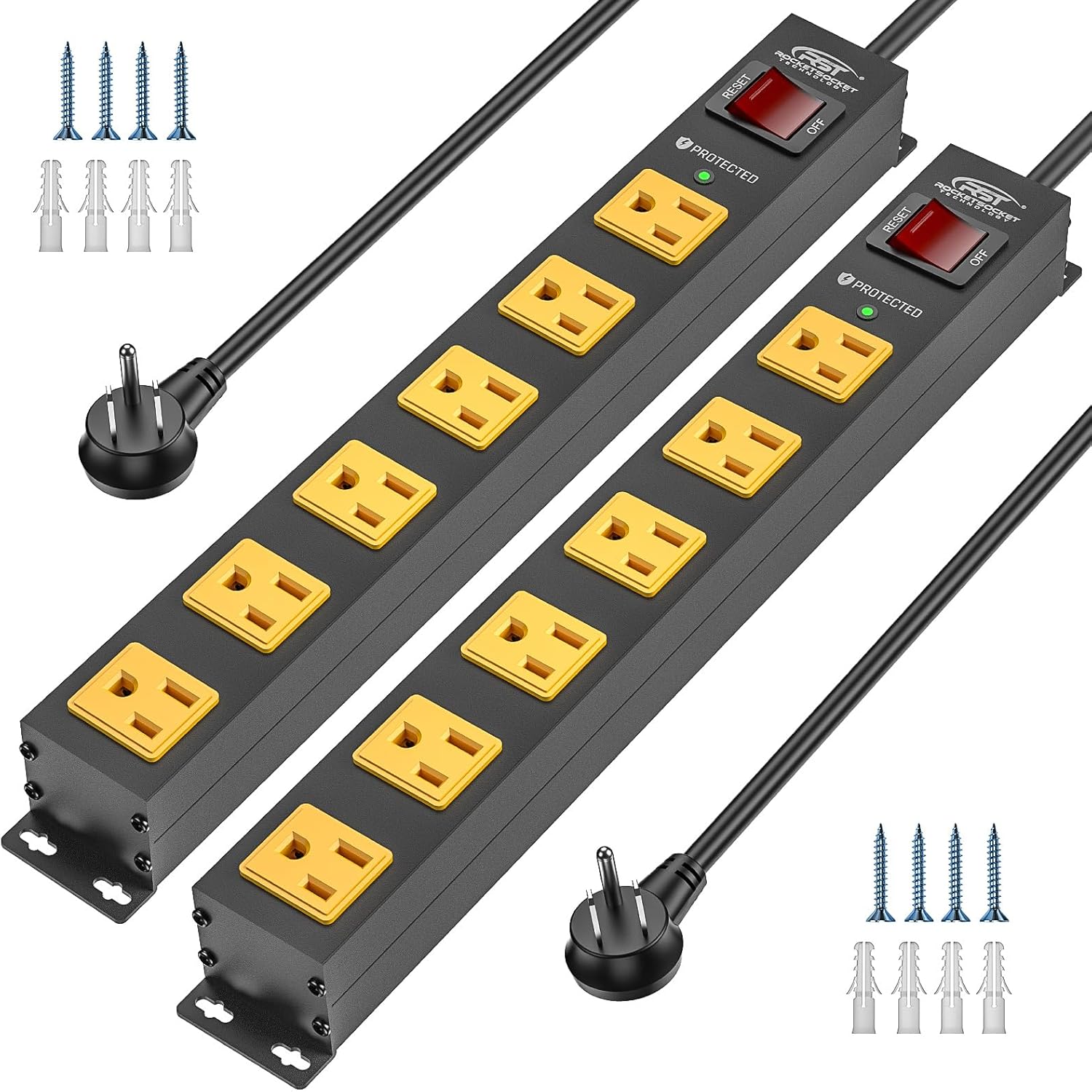 Rocket Socket Technology CRST 2PK Wider Spaced 6 Outlet Metal Surge Protector Power Strip 2100J 15A 1875W Heavy Duty Mountable Power Bar 6FT Flat Plug Extension Cord SpadezStore