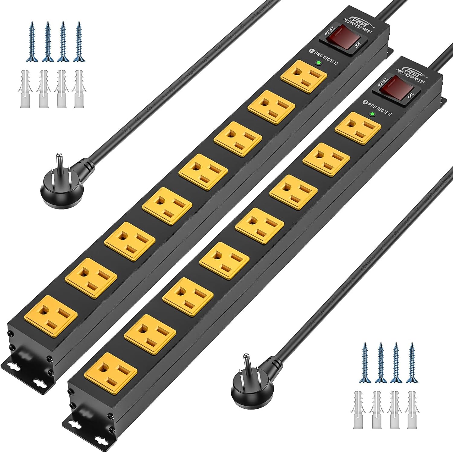 Rocket Socket Technology CRST 2 Pack 8 Outlet Metal Heavy Duty Power Strip with Switch, 2100J Surge Protector, 15A/1875W Mountable Wide Spaced Power Bar, 6FT 14AWG Extension Power Cord SpadezStore