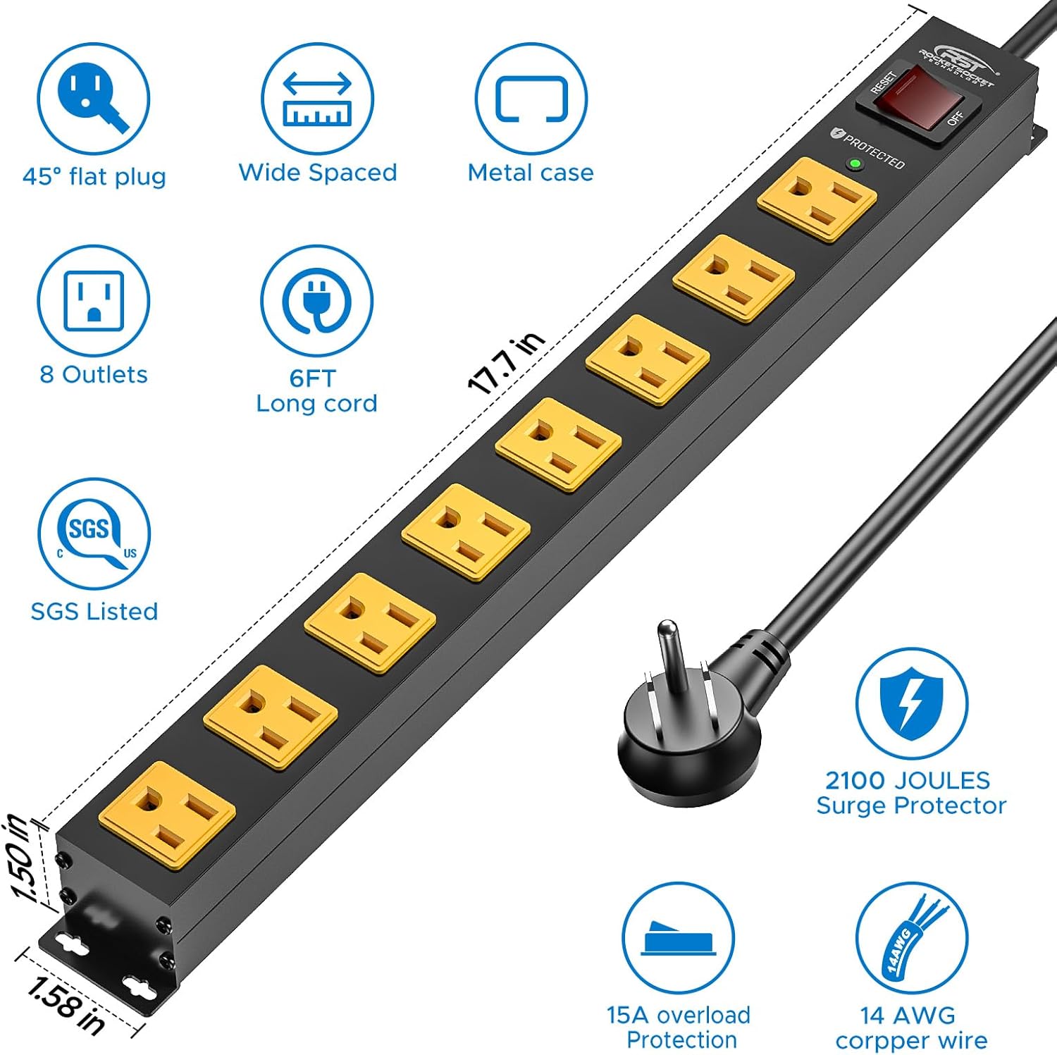 Rocket Socket Technology CRST 2 Pack 8 Outlet Metal Heavy Duty Power Strip with Switch, 2100J Surge Protector, 15A/1875W Mountable Wide Spaced Power Bar, 6FT 14AWG Extension Power Cord SpadezStore