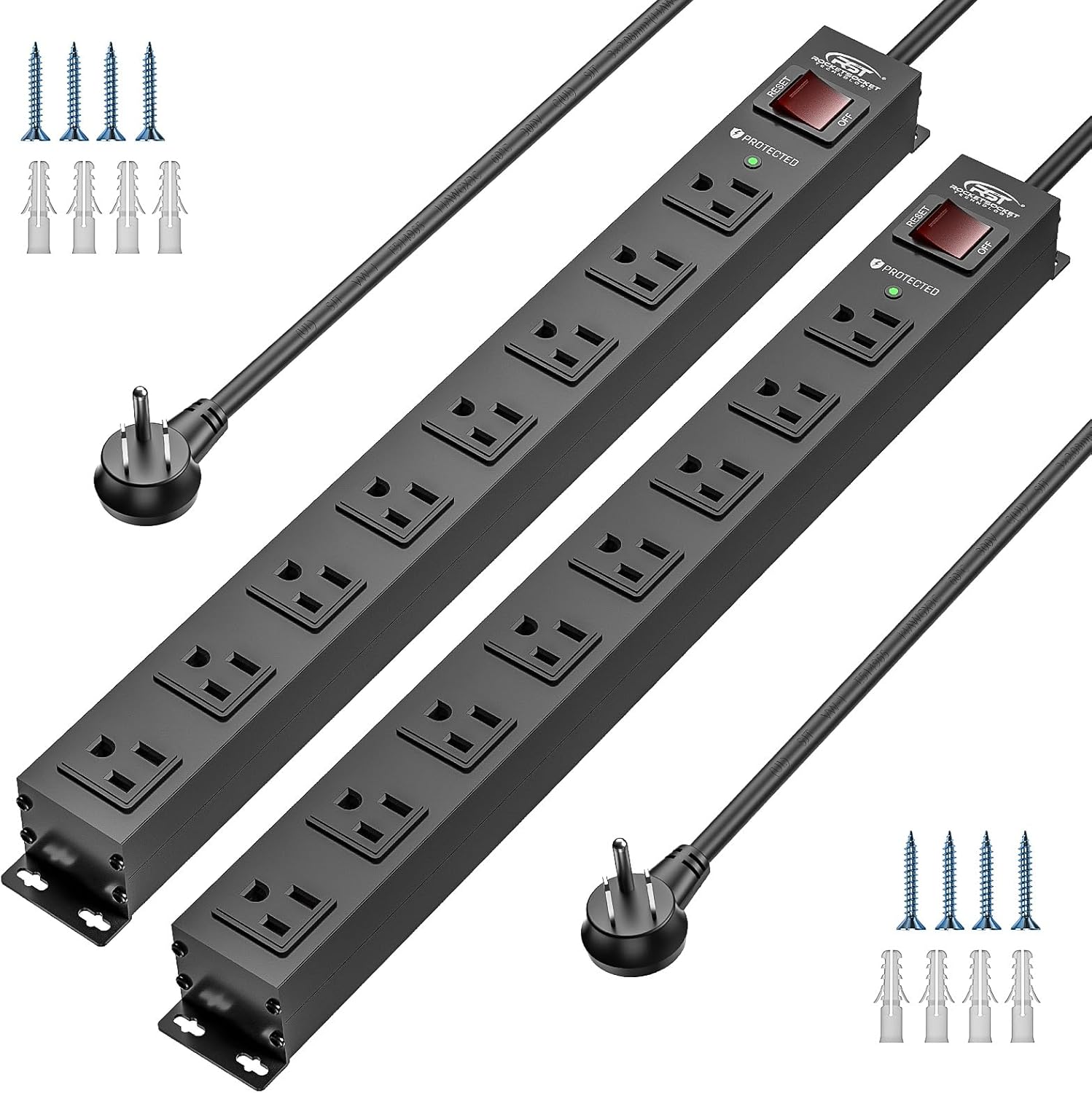 Rocket Socket Technology CRST 2 Pack 8 Outlet Metal Heavy Duty Power Strip with Switch, 2100J Surge Protector, 15A/1875W Mountable Wide Spaced Power Bar, 6FT 14AWG Extension Power Cord SpadezStore