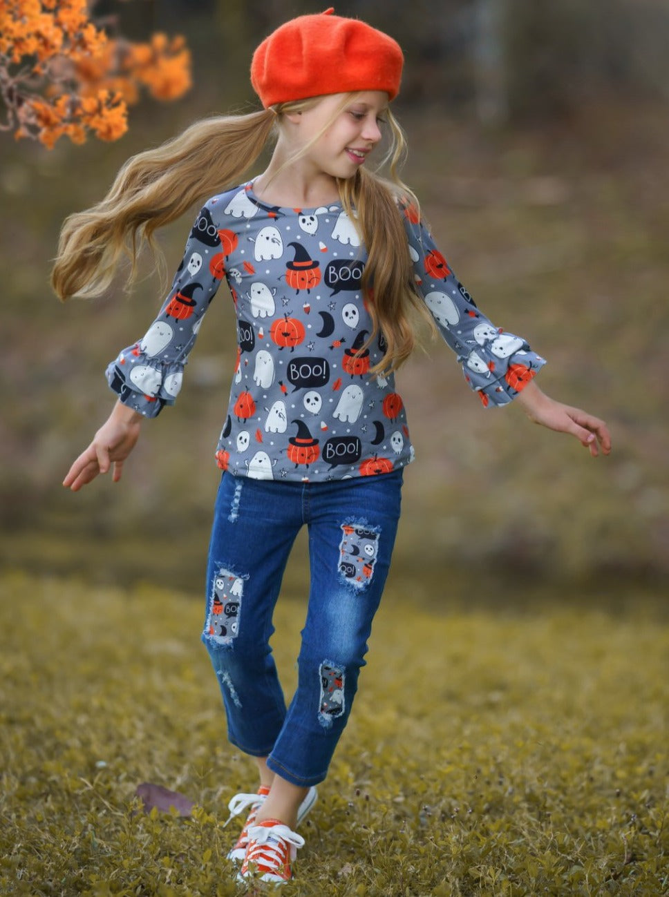 Mia Belle Girls Hey Boo Top and Patched Jeans Set SpadezStore