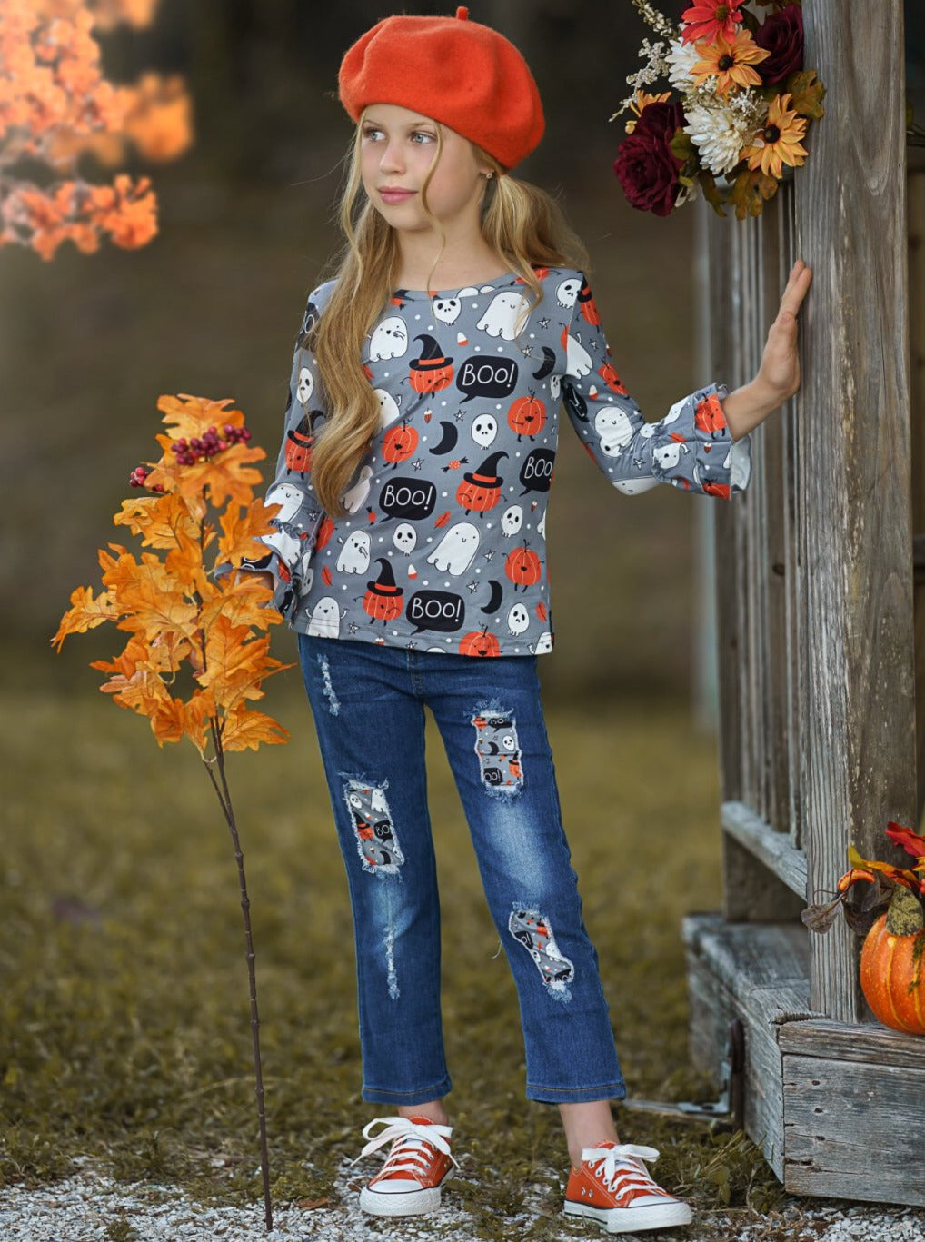 Mia Belle Girls Hey Boo Top and Patched Jeans Set SpadezStore