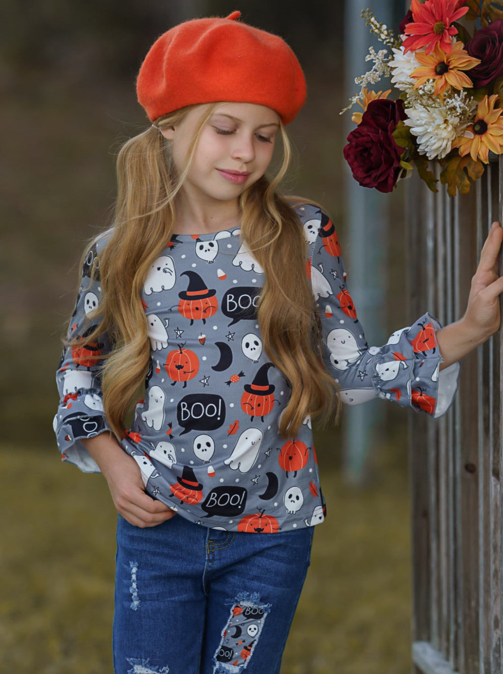 Mia Belle Girls Hey Boo Top and Patched Jeans Set SpadezStore