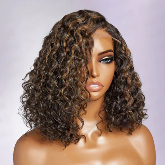 Curly HD Glueless Lace C Part Wig with Blonde Highlights SpadezStore