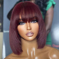 Reddish Purple Layered Cut Yaki Straight #99J Lace Bob Wig With Bangs SpadezStore