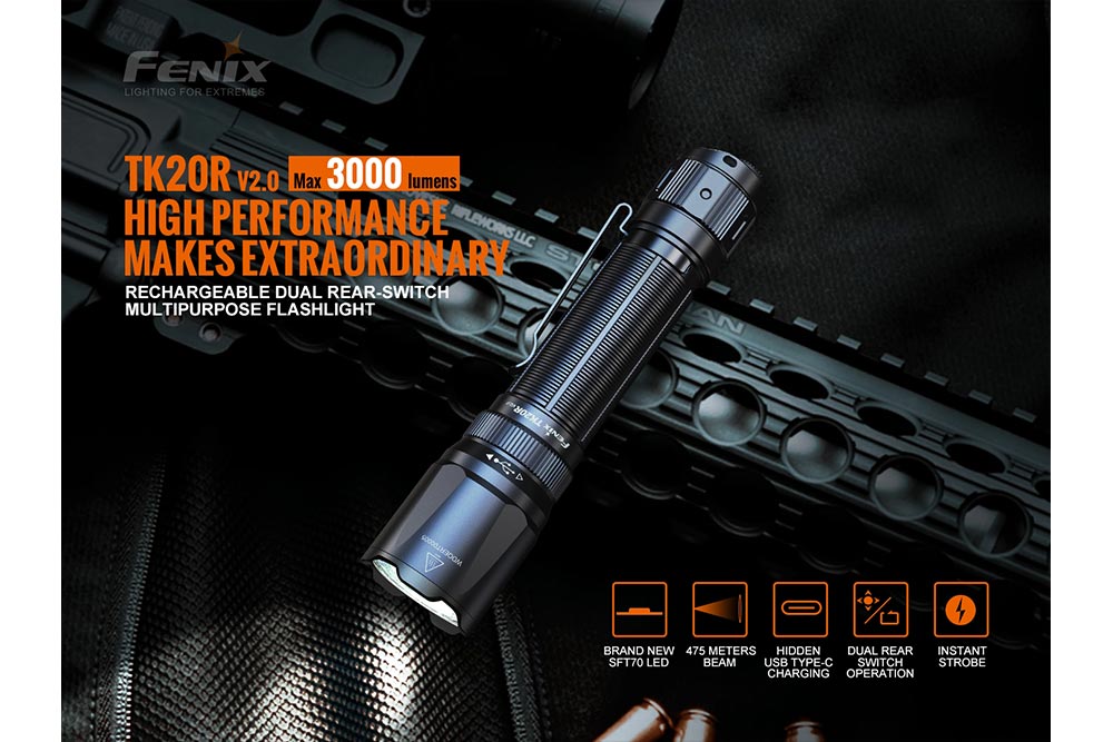 Fenix TK20R V2.0 Rechargeable Flashlight with FREE T5 Tactical Pen optional SpadezStore