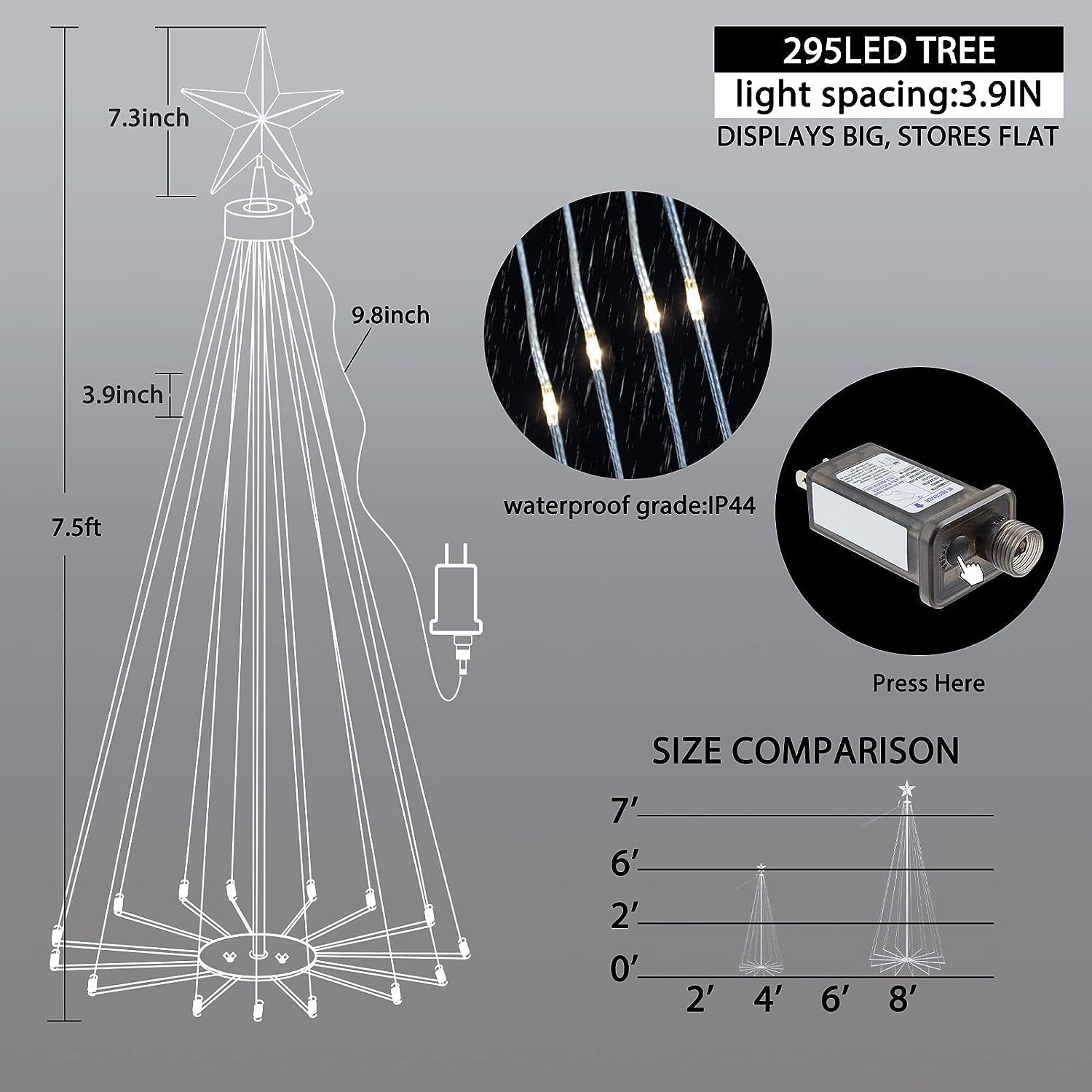 Perfect Holiday 5ft tree light IP44 4.5V/6W UL transformer, 8 function with timer, 10' lead cable Warm White SpadezStore