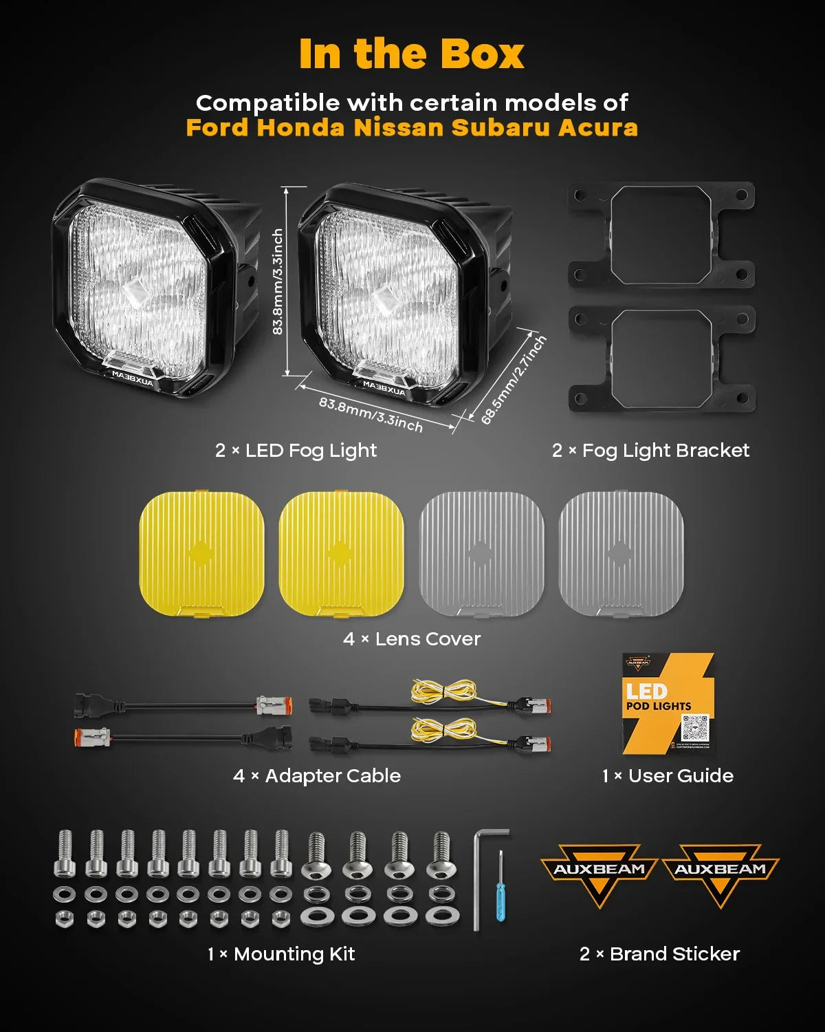 Auxbeam Color Play Series 3 Inch LED Fog Light Kit for Ford Honda Nissan Subaru Acura