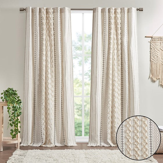 INK+IVY Imani Cotton Printed Curtain Panel with Chenille Stripe and Lining SpadezStore