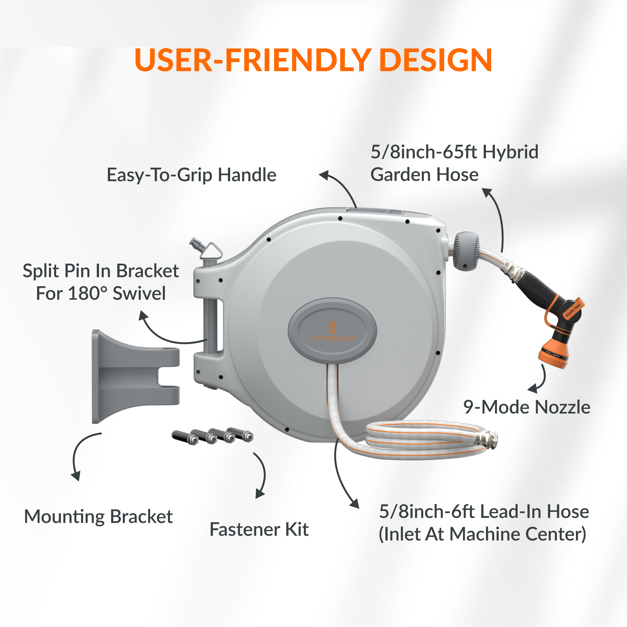 Giraffe Tools Retractable Garden Hose Reel-5/8 in-65ft SpadezStore