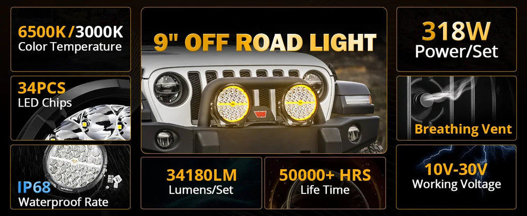Auxbeam RAY-L Series | 9 Inch 318W 34180LM Dual DRL Offroad LED Driving Lights SpadezStore
