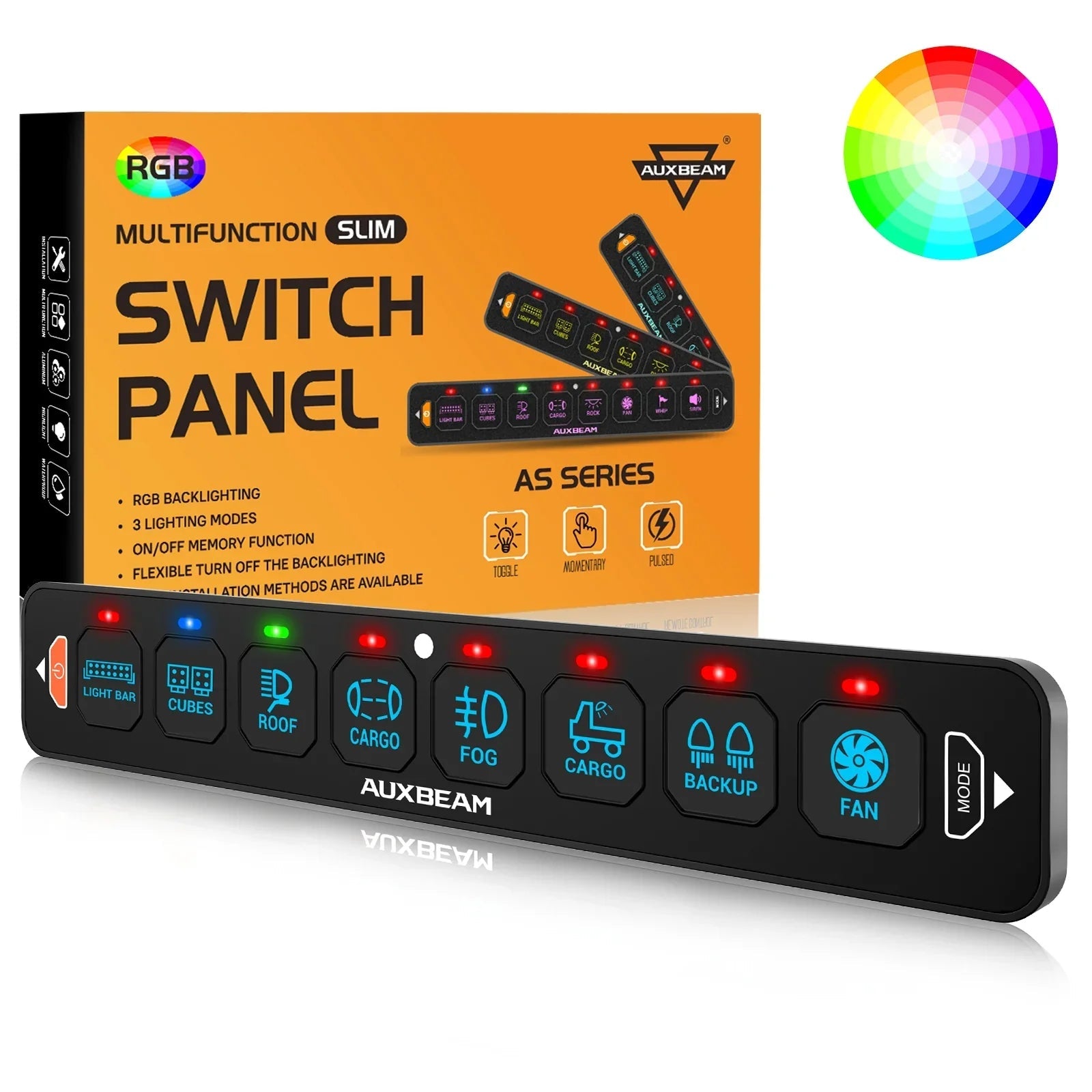 Auxbeam AS Series 4/6/8 Gang RGB Slim Switch Panel with APP & Remote Control, Toggle/ Momentary/ Pulsed Mode Supported One-Sided Outlet SpadezStore